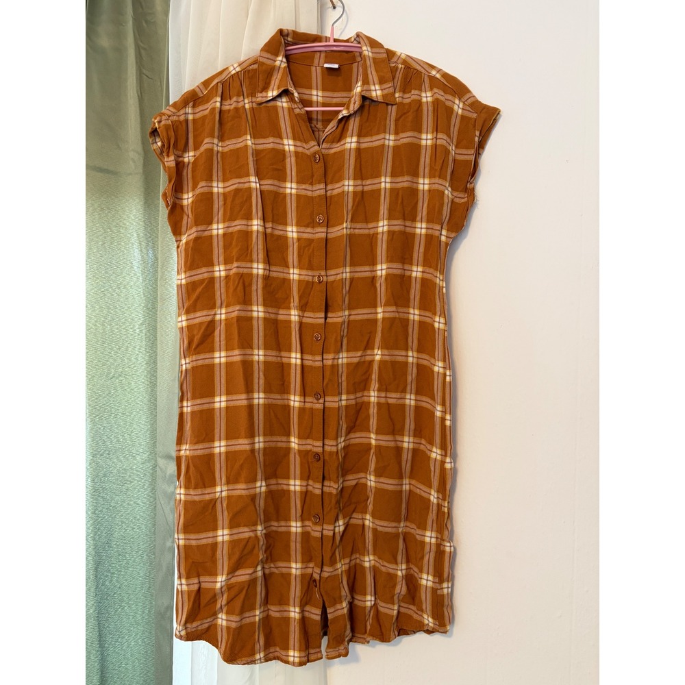 Old Navy Shirt Dress Womens Small Mustard Yellow Plaid Shirred Short Sleeve